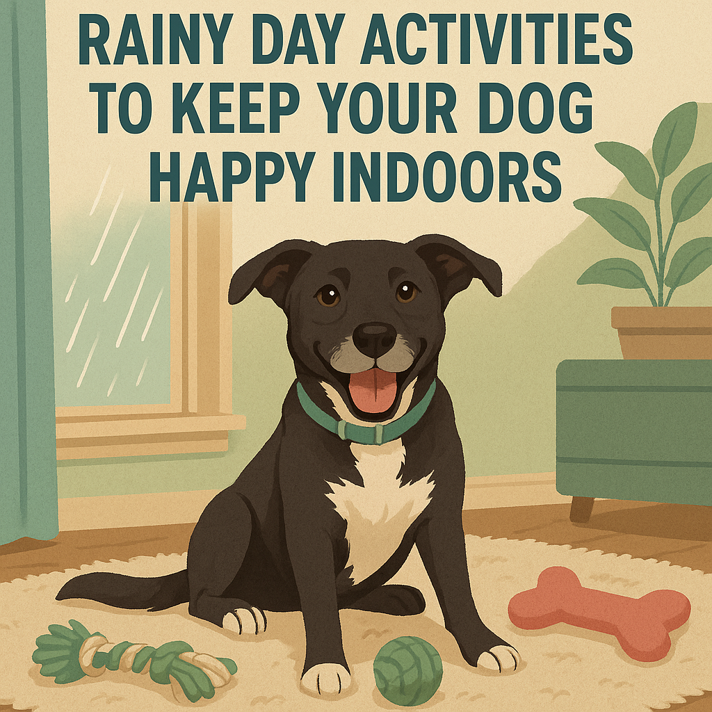 A happy black-and-white dog sitting on a cozy rug with toys inside a warm home on a rainy day, promoting Snout & About’s “Rainy Day Activities to Keep Your Dog Happy Indoors” blog post.
