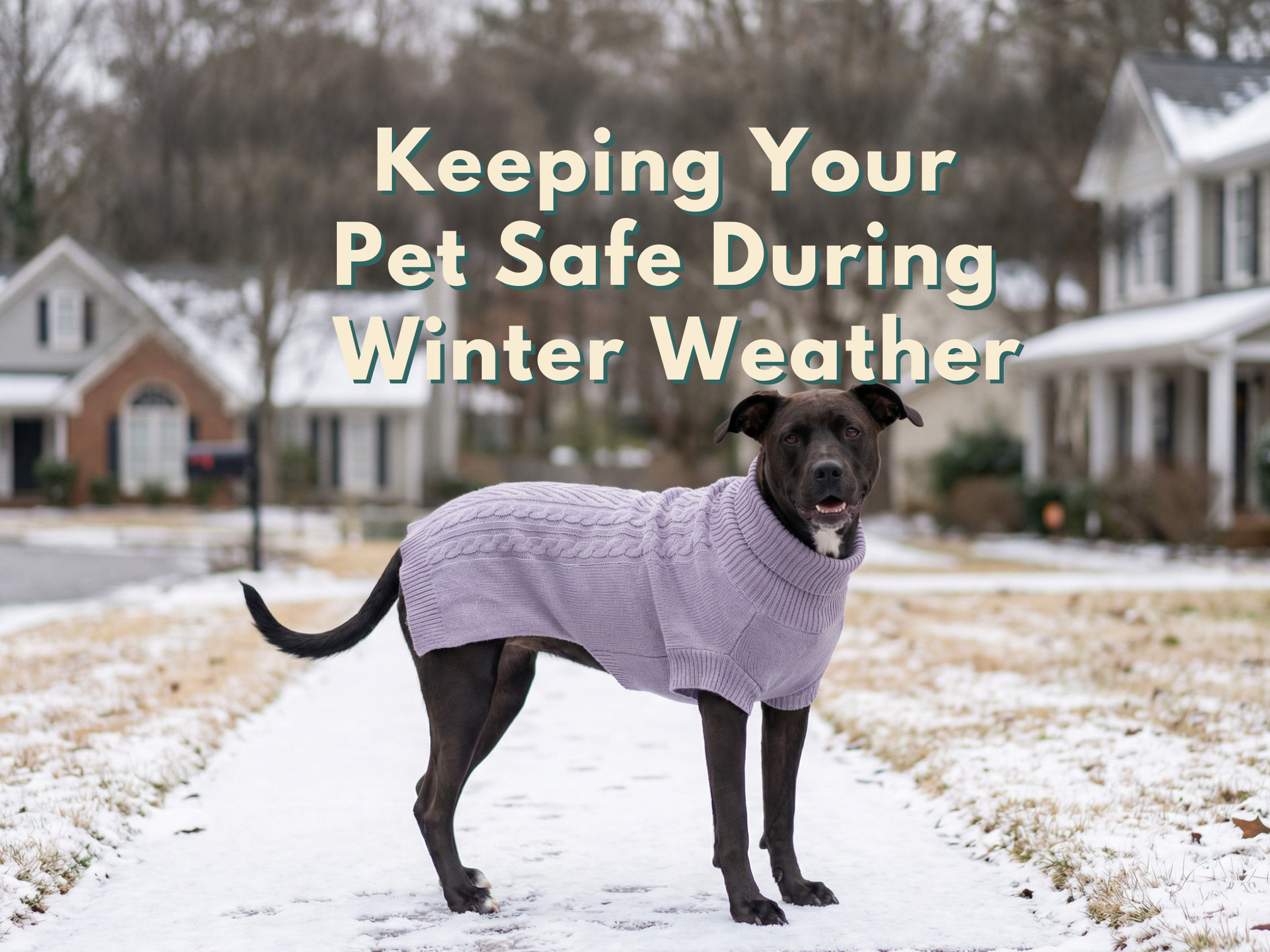 Dog wearing a sweater standing on a snowy sidewalk during winter, representing tips for keeping pets safe in cold weather.